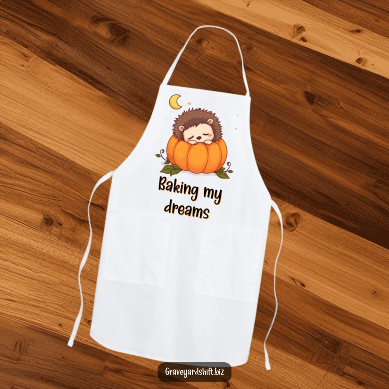 Funny sleepy hedgehog apron showing a cute hedgehog snuggled inside a pumpkin, dreaming of the night.