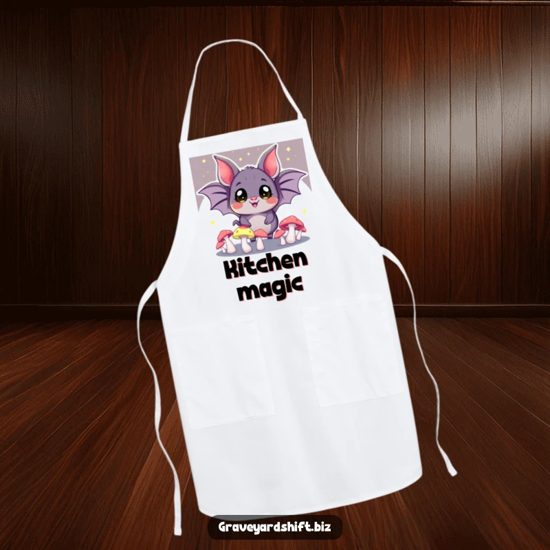 Funny bat juggling apron, wide eyes, glowing mushrooms in the dark, perfect for humorous and protected cooking.