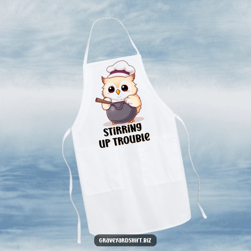 Funny chef owl apron with a tiny hat, joyfully stirring a cauldron, perfect for humorous and protected cooking.