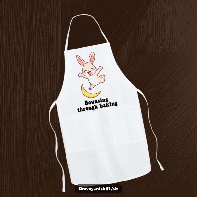 Funny energetic rabbit apron showing a rabbit joyfully leaping over a tiny crescent moon, perfect for kitchen tasks.