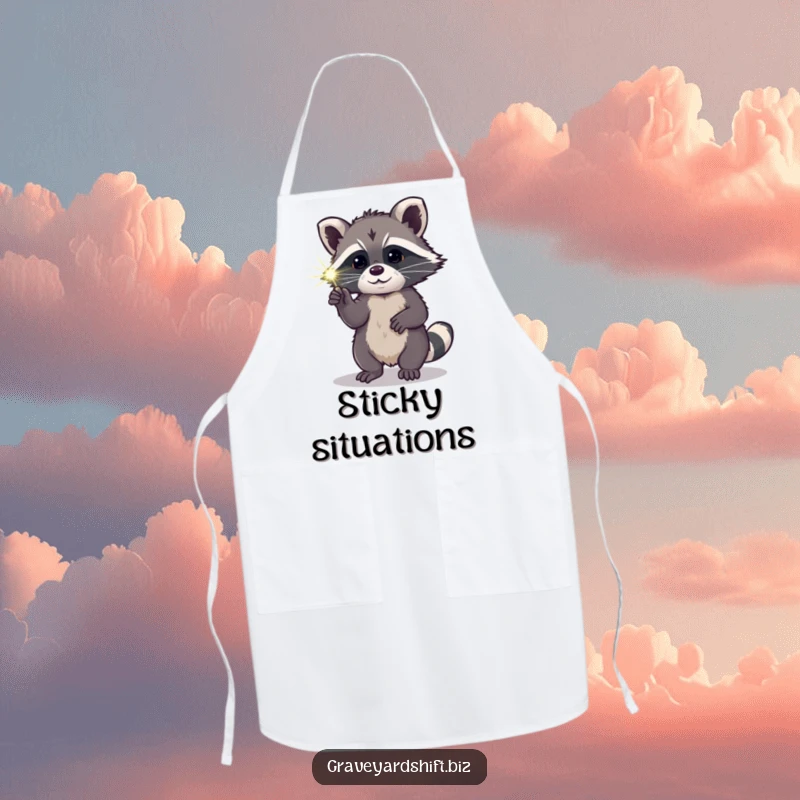 Funny curious raccoon apron poking luminous spiderweb with paw, perfect for humorous and protected cooking.