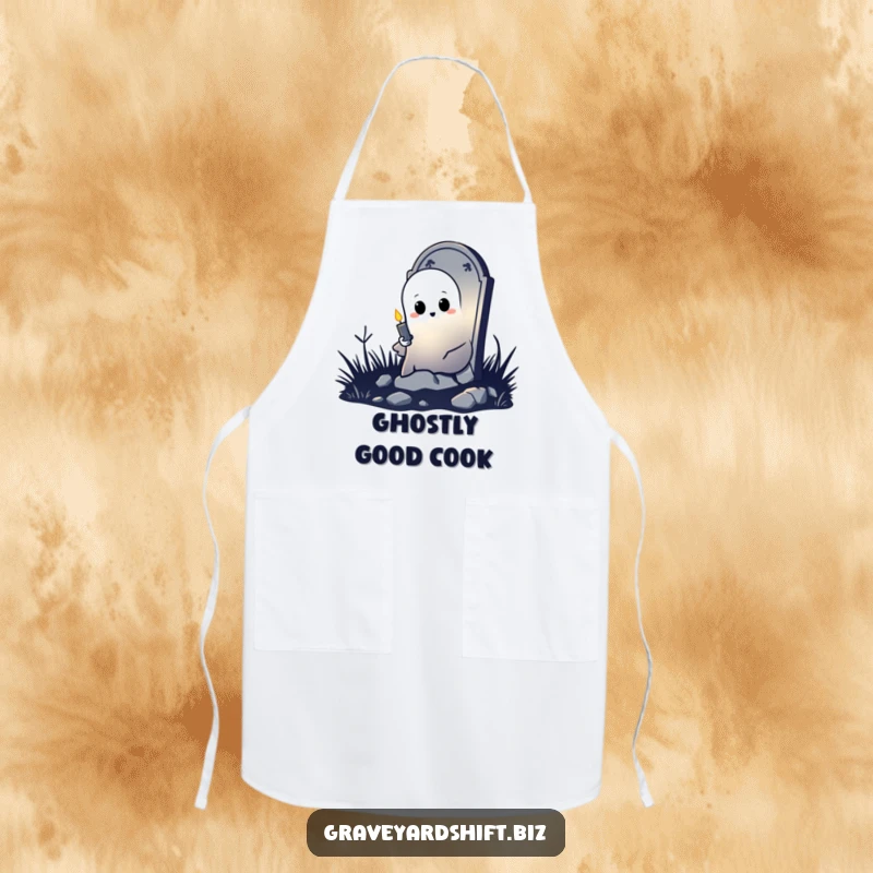 Funny shy ghost apron peeking from tombstone, holding flickering candle, perfect for humorous and protected cooking.
