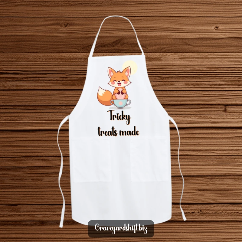 Funny playful fox apron, wide grin, balancing teacups under moonlight, perfect for humorous and protected serving.