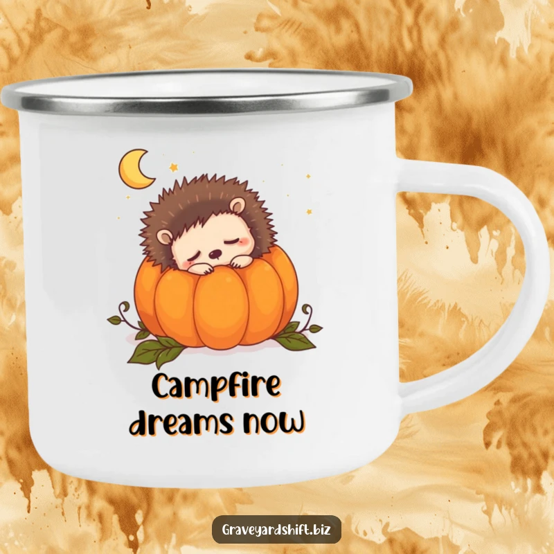 Funny sleepy hedgehog camping mug showing a cute hedgehog snuggled inside a pumpkin, dreaming of the night.