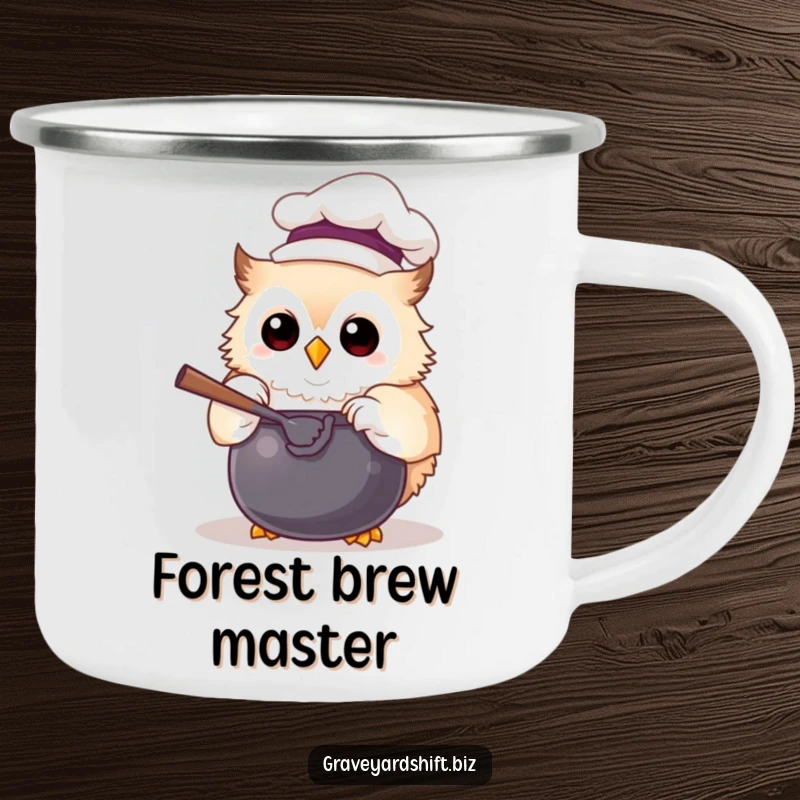 Funny chef owl camping mug with a tiny hat, joyfully stirring a cauldron, perfect for outdoor humorous enjoyment.