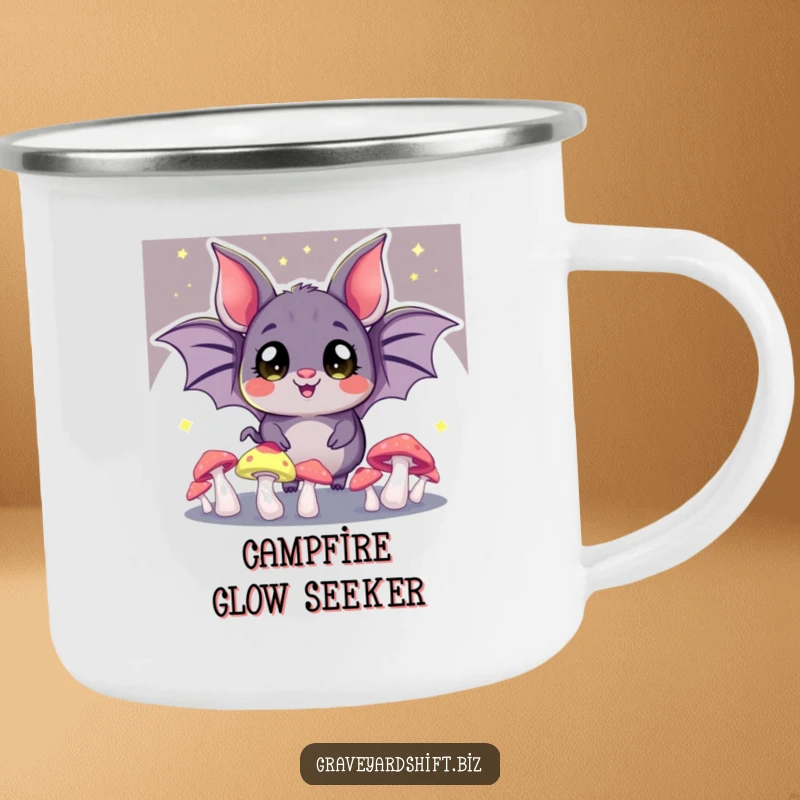 Funny bat juggling camping mug, wide eyes, glowing mushrooms in the dark, perfect for humorous outdoor enjoyment.
