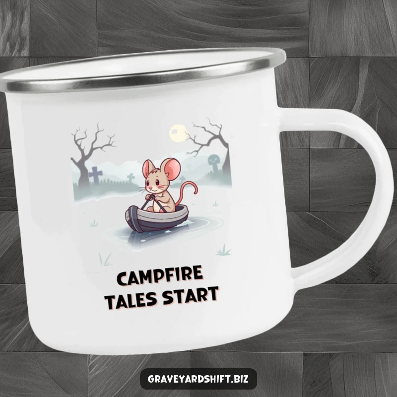 Funny determined mouse steering a tiny boat across a misty graveyard lake, on a rugged camping mug.