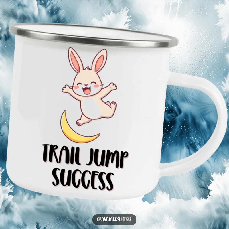Funny energetic rabbit camping mug showing a rabbit joyfully leaping over a tiny crescent moon, perfect for outdoor use.