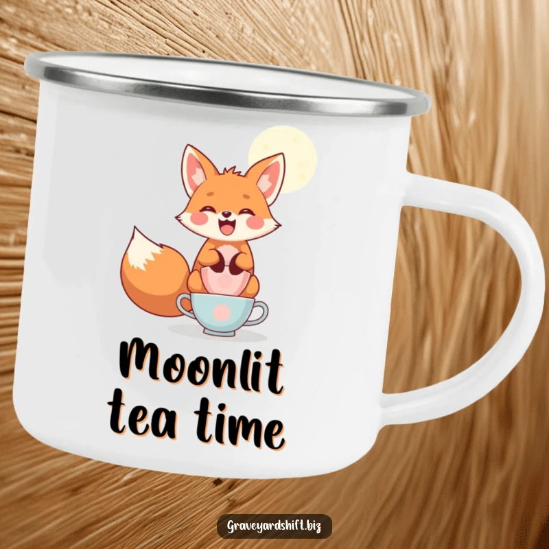 Funny playful fox camping mug, wide grin, balancing teacups under moonlight, perfect for humorous outdoor enjoyment.