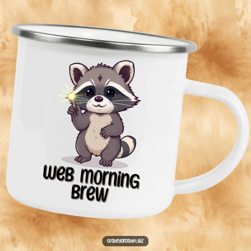 Funny curious raccoon camping mug poking luminous spiderweb with paw, perfect for humorous outdoor enjoyment.