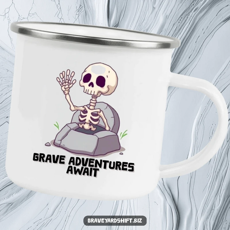 Funny giggling skeleton hand waving from a cracked grave, on a rugged camping mug for spooky outdoor fun.