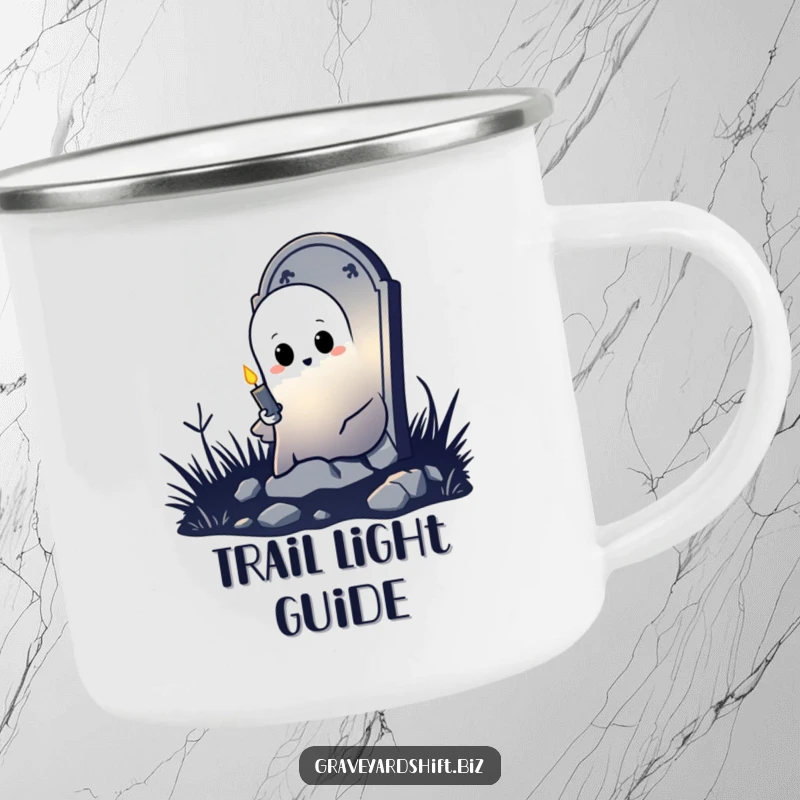 Funny shy ghost camping mug peeking from tombstone, holding flickering candle, perfect for humorous outdoor enjoyment.