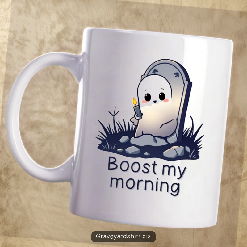 Funny shy ghost mug peeking from tombstone, holding flickering candle, perfect for spooky and humorous mornings.