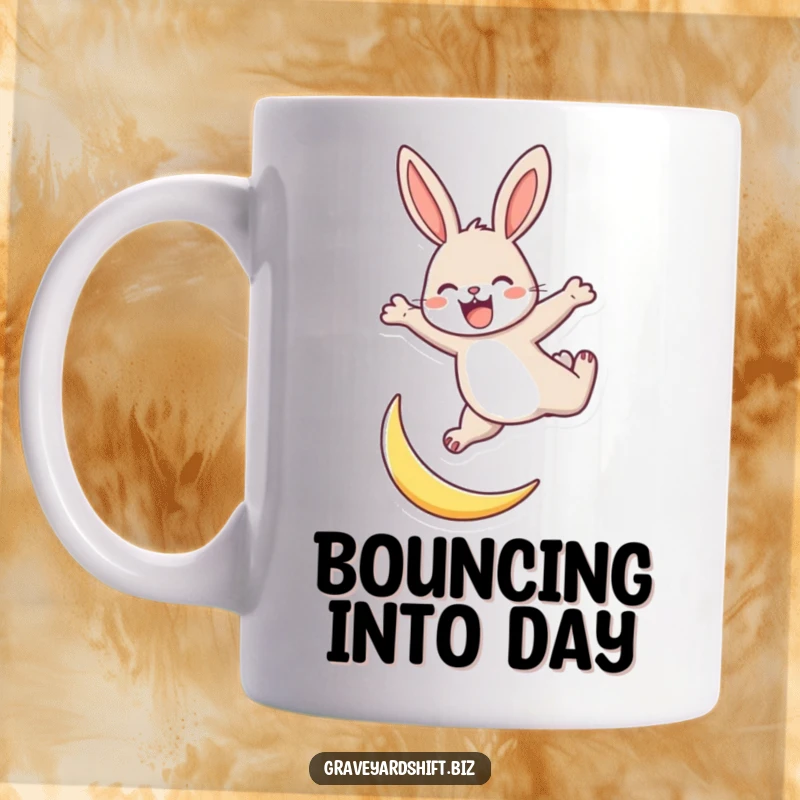 Funny energetic rabbit mug showing a rabbit joyfully leaping over a tiny crescent moon, symbolizing boundless energy.