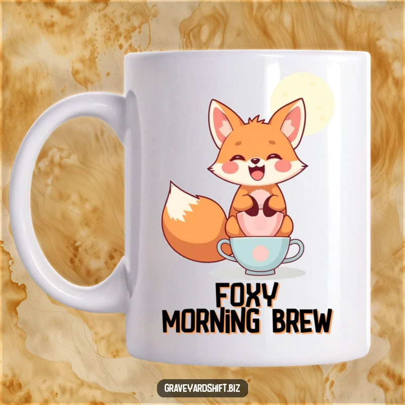 Funny playful fox mug, wide grin, balancing teacups under moonlight, perfect for whimsical and humorous tea time.