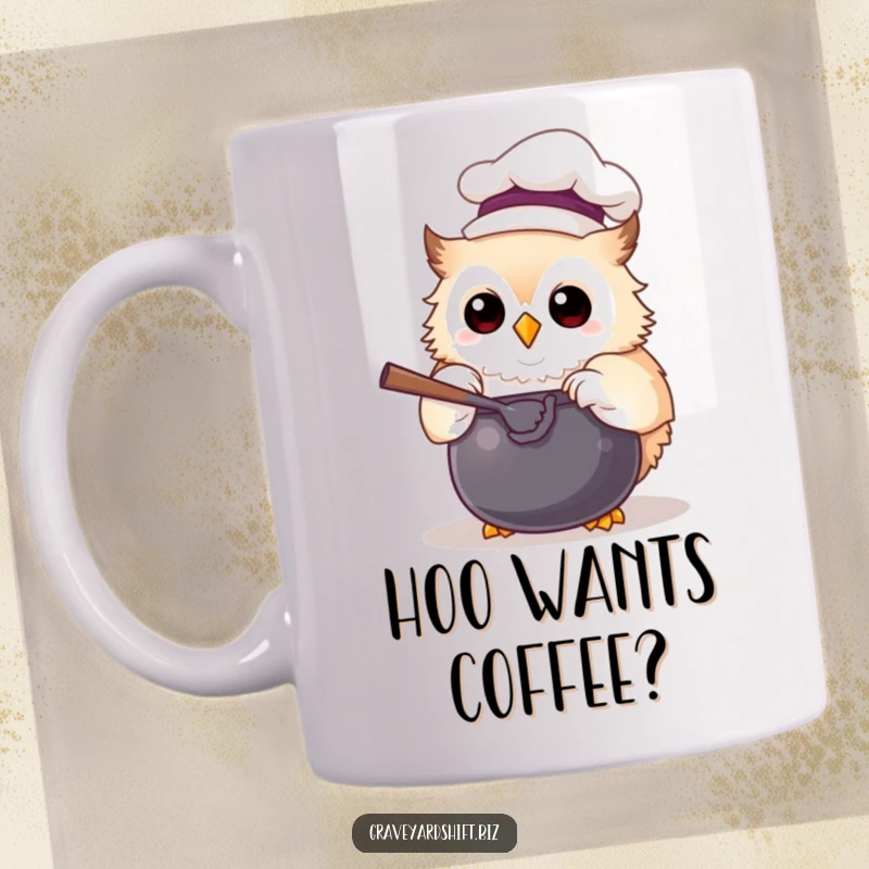 Funny chef owl mug with a tiny hat, joyfully stirring a cauldron, perfect for a whimsical kitchen gift.