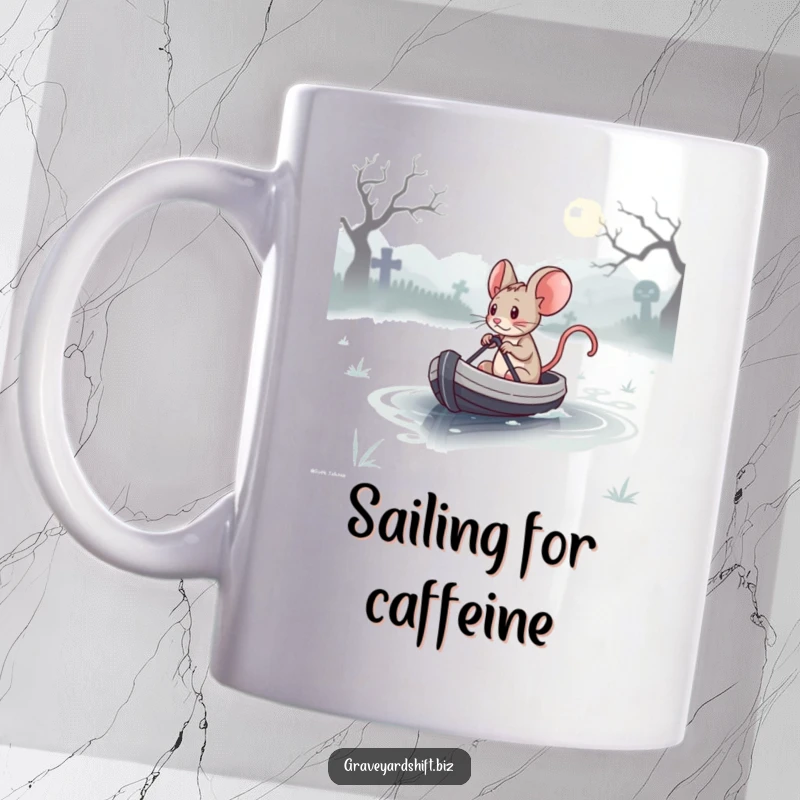 Funny determined mouse bravely steering a tiny boat across a misty, eerie graveyard lake, printed on a mug.