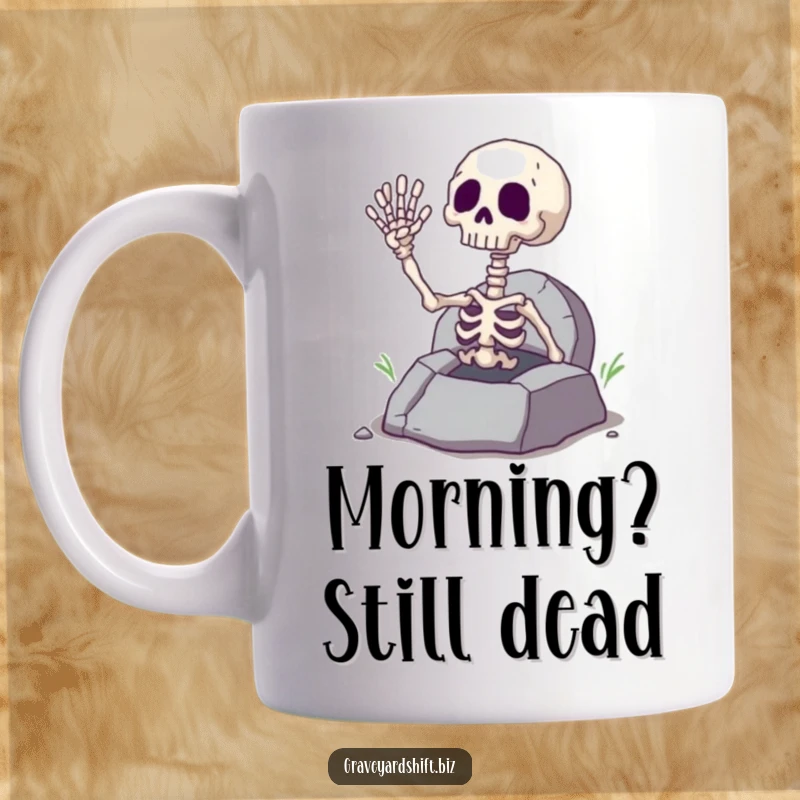 Funny giggling skeleton hand waving cheerfully from a cracked, eerie grave, printed on a ceramic mug for spooky laughs.