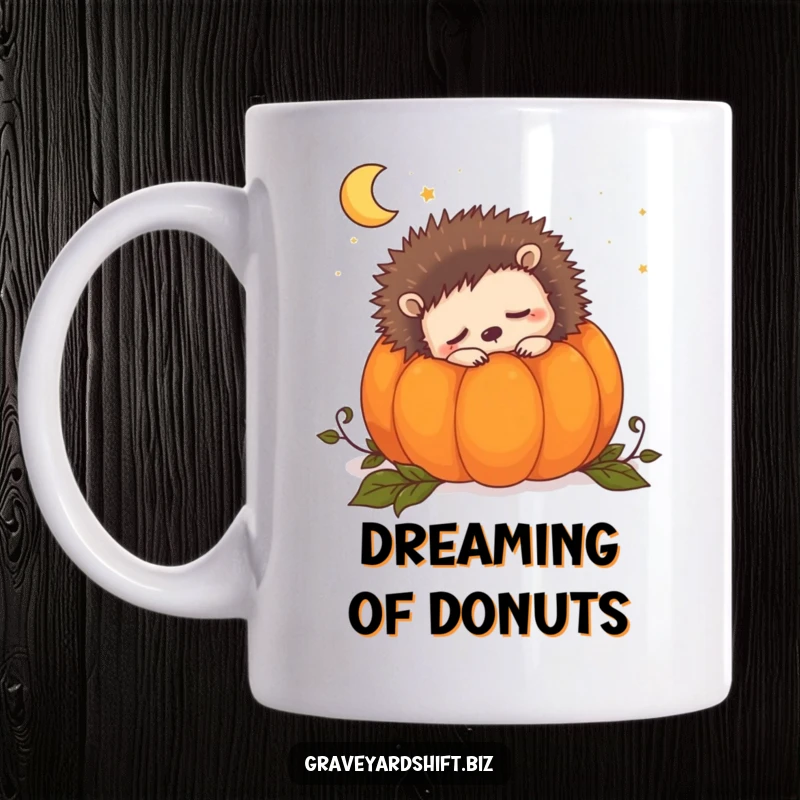 Funny sleepy hedgehog mug showing a cute hedgehog snuggled inside a pumpkin, dreaming peacefully of the night.