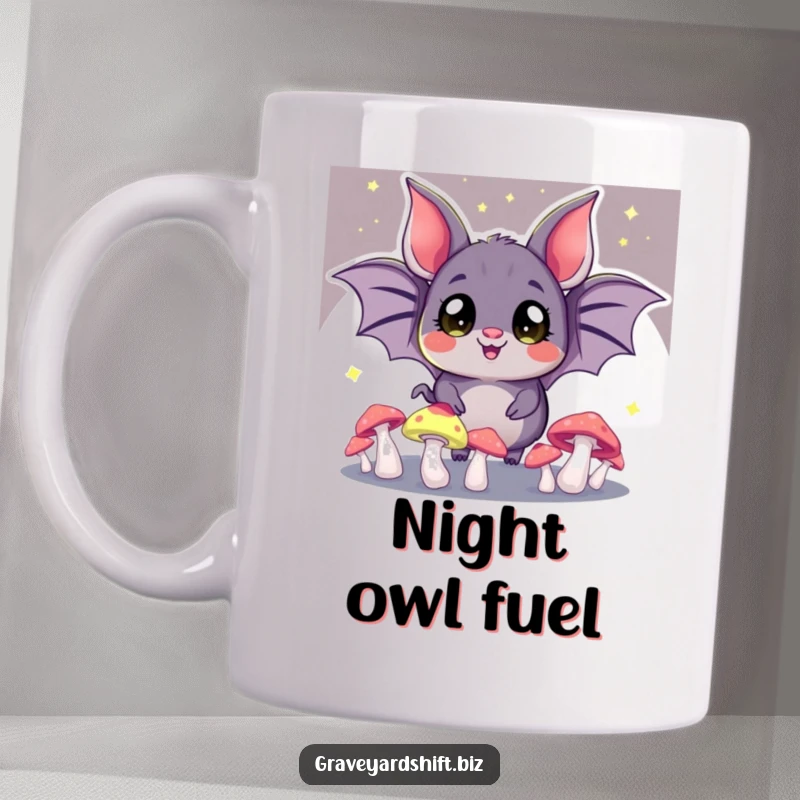 Funny cheerful bat mug, wide eyes, juggling glowing mushrooms in the dark, perfect for magical morning brews.