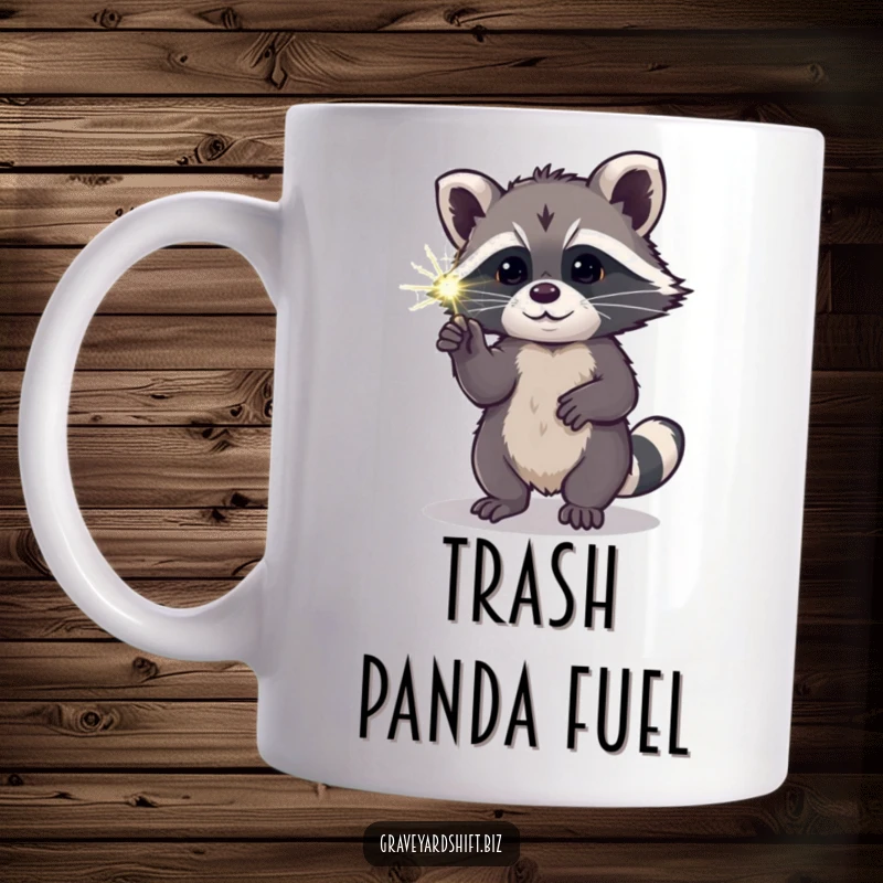 Funny curious raccoon mug poking luminous spiderweb with paw, perfect for nocturnal and humorous beverage enjoyment.