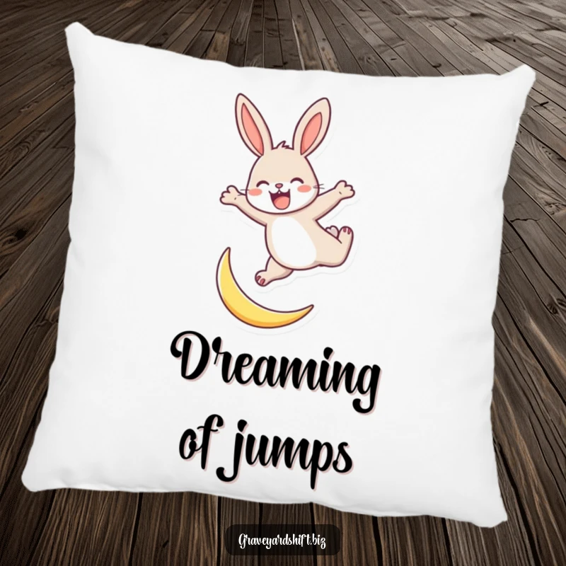 Funny energetic rabbit pillow featuring a joyful rabbit leaping over a tiny crescent moon, symbolizing boundless energy.