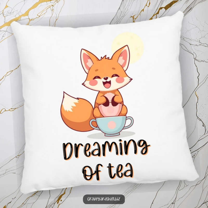Funny playful fox pillow, wide grin, balancing teacups under moonlight, ideal for soft and humorous decor.