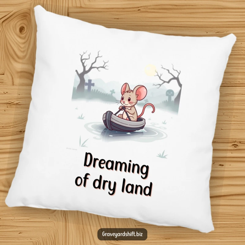 Funny determined mouse steering a tiny boat across a misty graveyard lake, printed on a soft pillow for cozy decor.