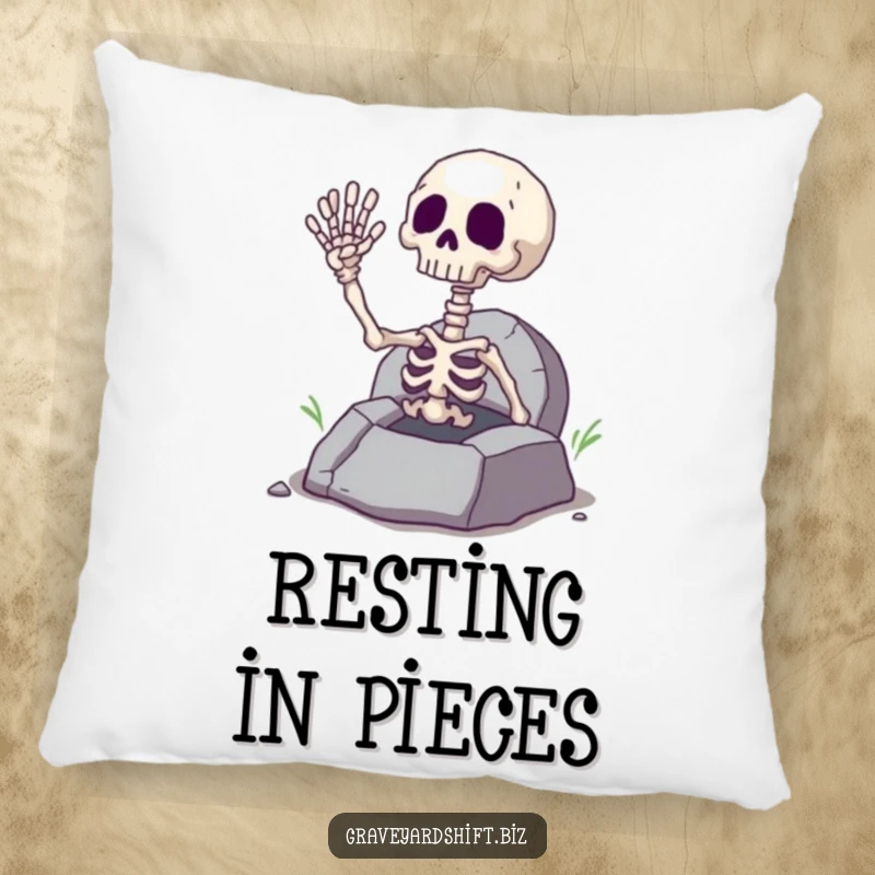 Funny giggling skeleton hand waving from a cracked grave, printed on a soft pillow for spooky, humorous decor.