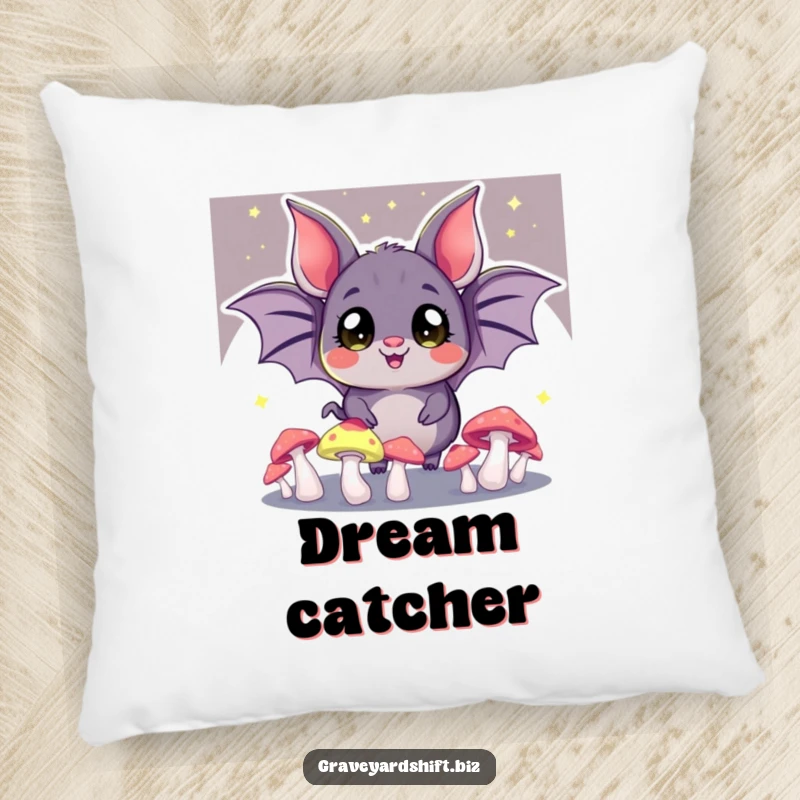 Funny juggling bat pillow, wide eyes, glowing mushrooms in the dark, ideal for soft and humorous decor.