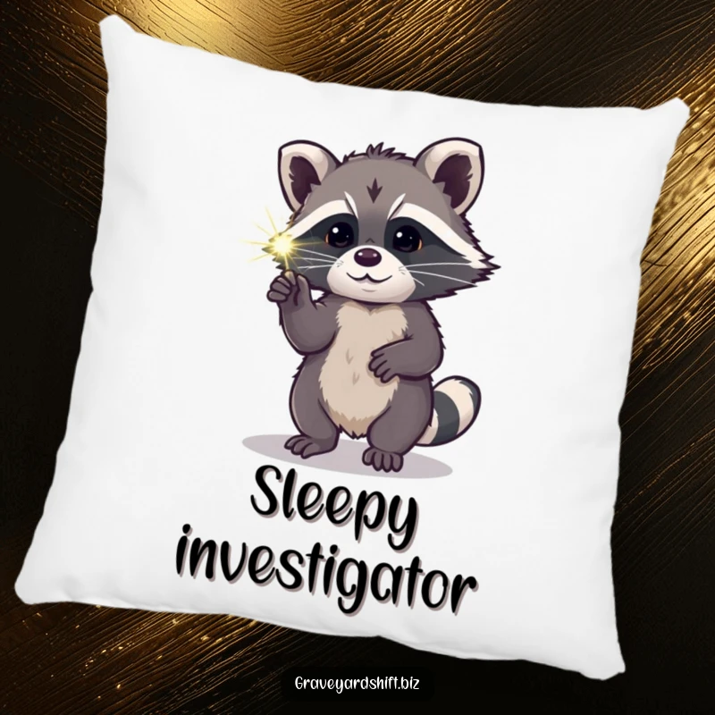 Funny curious raccoon pillow poking luminous spiderweb with paw, ideal for soft and humorous decor.