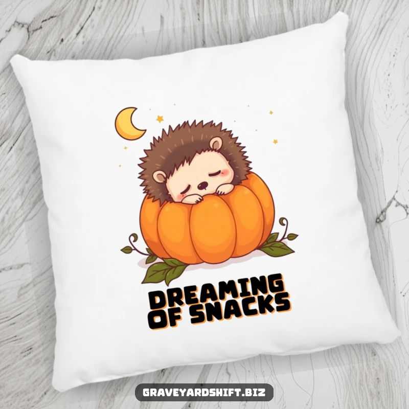 Funny sleepy hedgehog pillow featuring a cute hedgehog snuggled inside a pumpkin, dreaming of the night.