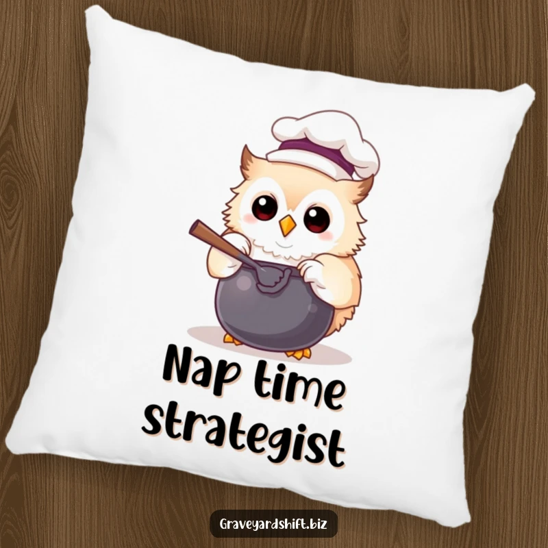 Funny chef owl pillow with a chef hat, joyfully stirring a cauldron, ideal for comfortable and humorous home styling.