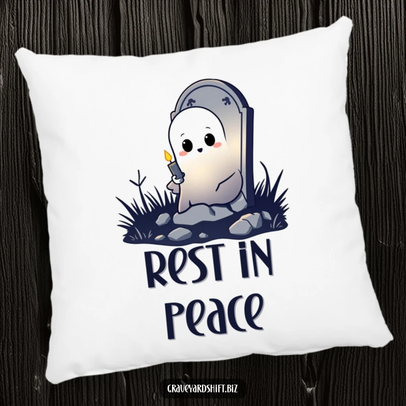 Funny shy ghost pillow peeking from tombstone, holding flickering candle, ideal for soft and humorous decor.