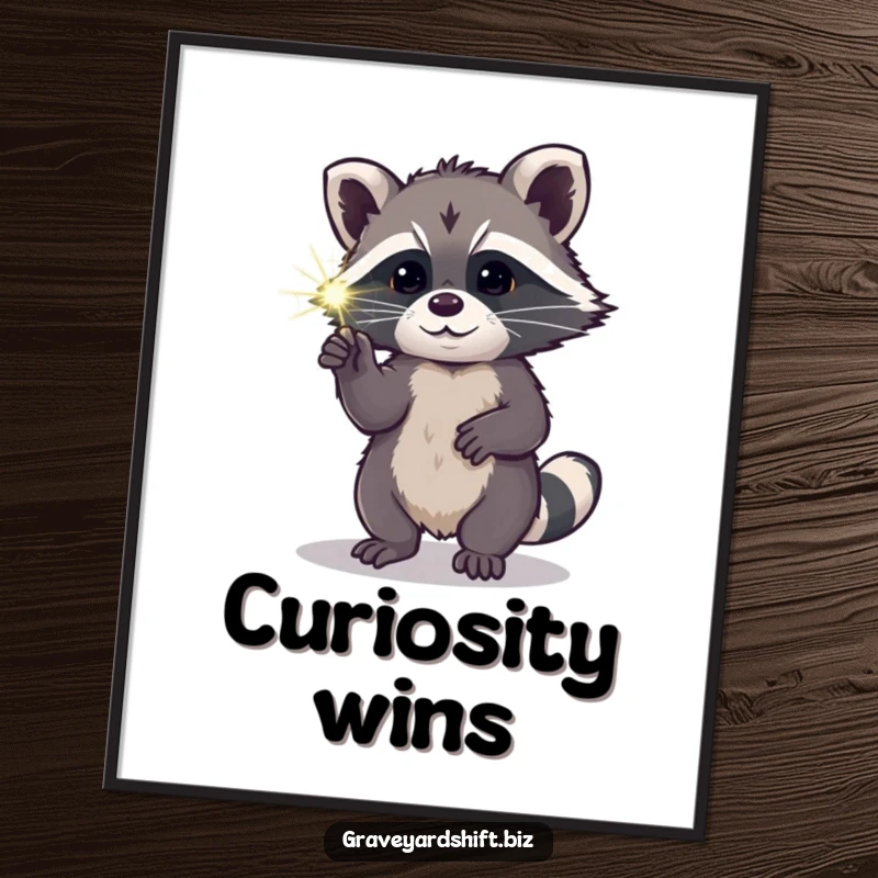 Funny curious raccoon digital art print poking luminous spiderweb with paw, perfect for whimsical decor.