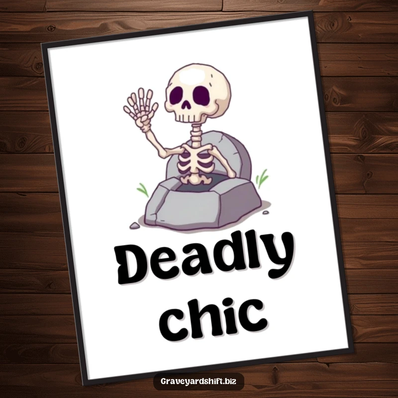 Funny giggling skeleton hand waving from a cracked grave, rendered as high-resolution digital art for instant spooky decor.