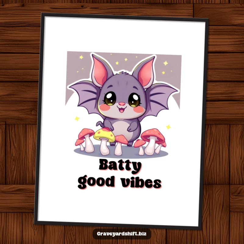 Funny bat juggling digital art print, wide eyes, glowing mushrooms in the dark, perfect for mystical decor.