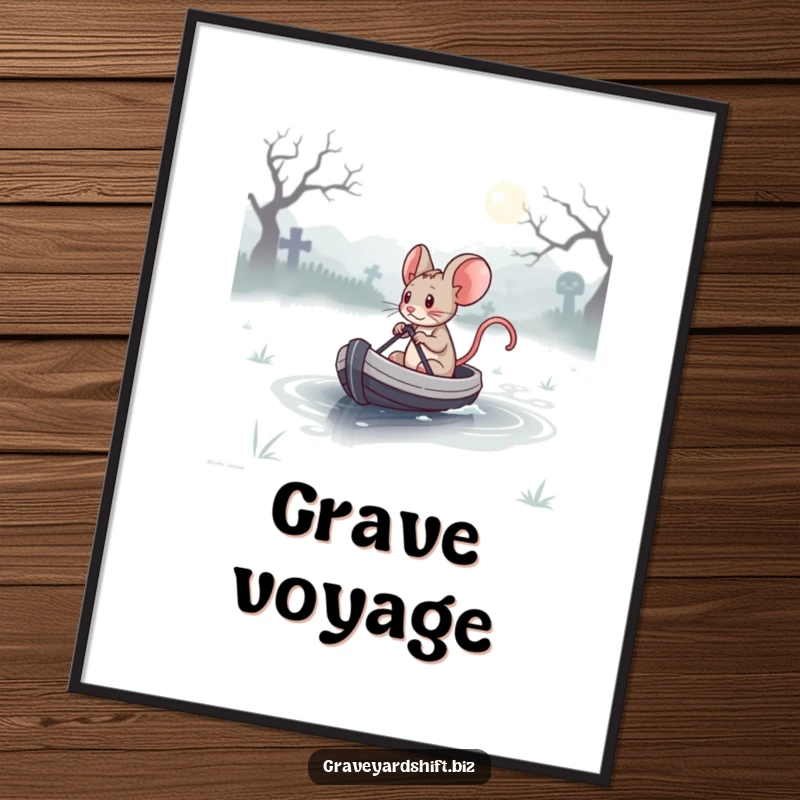 Funny determined mouse steering a tiny boat across a misty graveyard lake, as high-resolution digital art for inspiring decor.