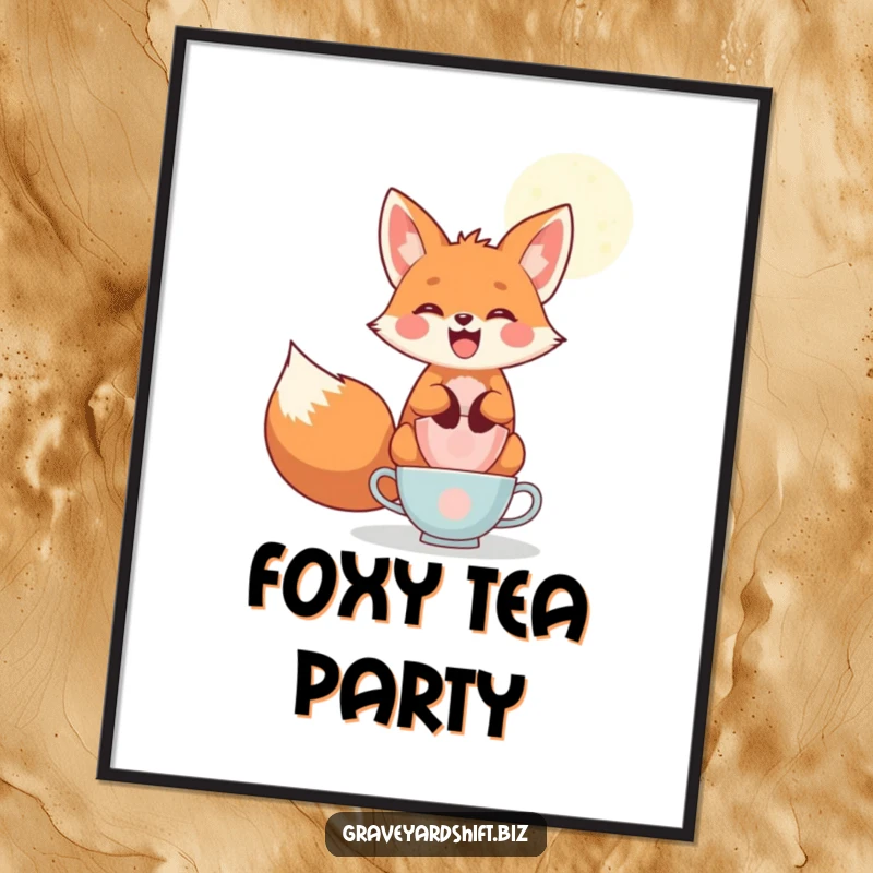 Funny playful fox digital art print, wide grin, balancing teacups under moonlight, perfect for whimsical decor.