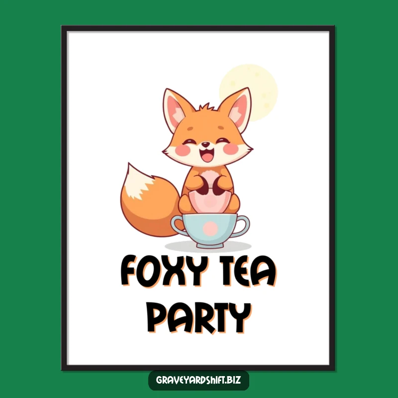 Funny Fox Teacup Digital Art - Moonlight Whimsy Decor Print Gift