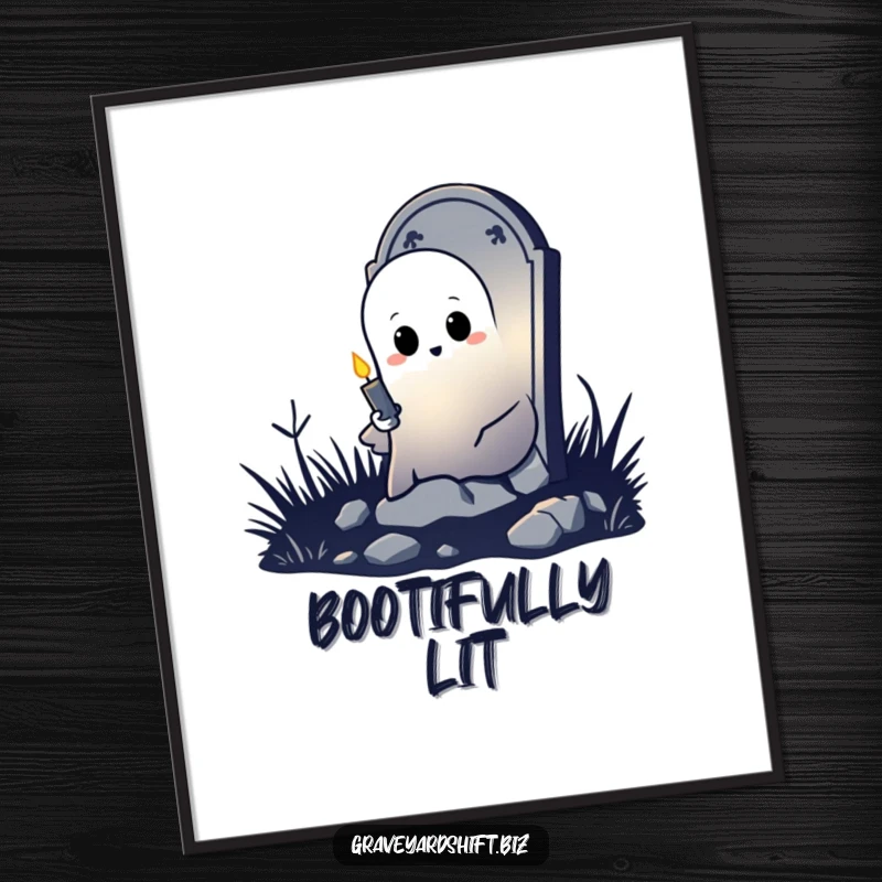 Funny shy ghost digital art print peeking from tombstone, holding flickering candle, perfect for spooky decor.