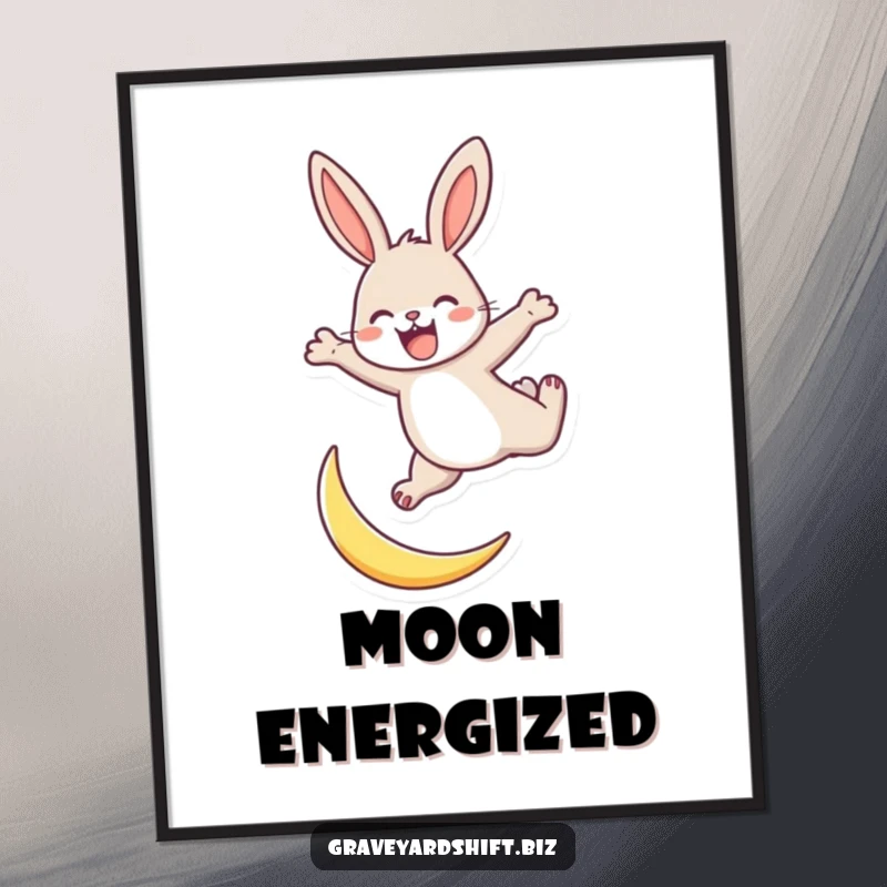 Funny energetic rabbit digital art print showing a joyful rabbit leaping over a tiny crescent moon, symbolizing fun.