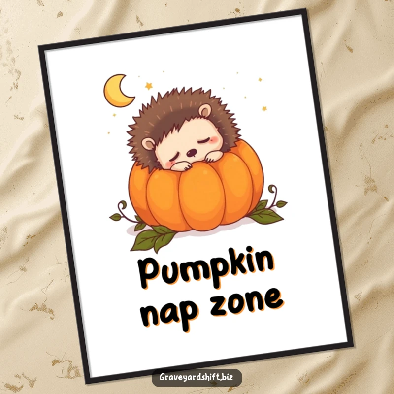 Funny sleepy hedgehog digital art print showing a cute hedgehog snuggled inside a pumpkin, dreaming of the night.