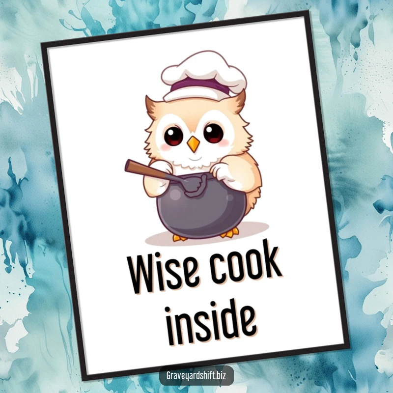 Funny chef owl digital art print with a tiny hat, joyfully stirring a cauldron, perfect for whimsical home decor.