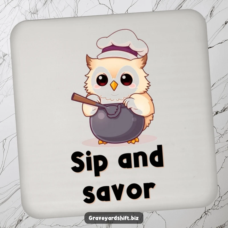 Funny chef owl coasters with a chef hat, joyfully stirring a cauldron, perfect for protecting surfaces humorously.