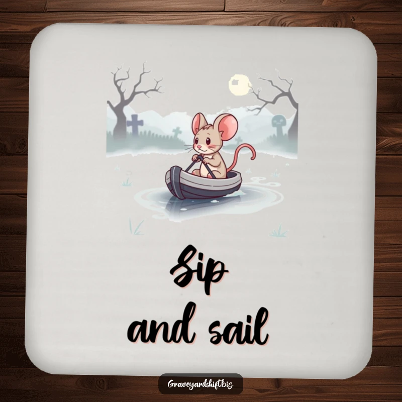 Funny determined mouse in a tiny boat crossing a misty graveyard lake, on a coaster for brave imbibers.