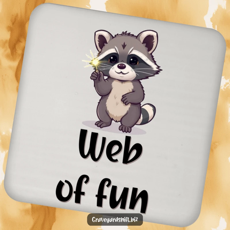 Funny curious raccoon coasters poking luminous spiderweb with paw, ideal for humorous surface protection.