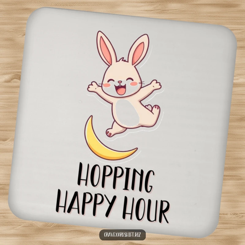 Funny energetic rabbit coasters featuring a joyful rabbit leaping over a tiny crescent moon, symbolizing fun.
