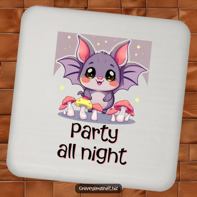 Funny juggling bat coasters, wide eyes, glowing mushrooms in the dark, ideal for humorous surface protection.