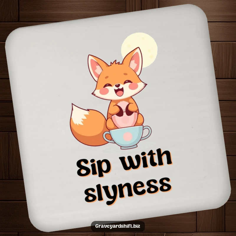 Funny playful fox coasters, wide grin, balancing teacups under moonlight, ideal for humorous surface protection.